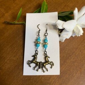 Antique Brass Horse Earrings with Blue Beads